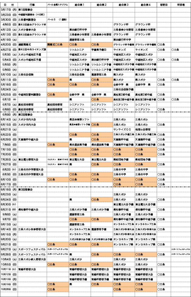 三条野球連盟平成26年度年間スケジュール