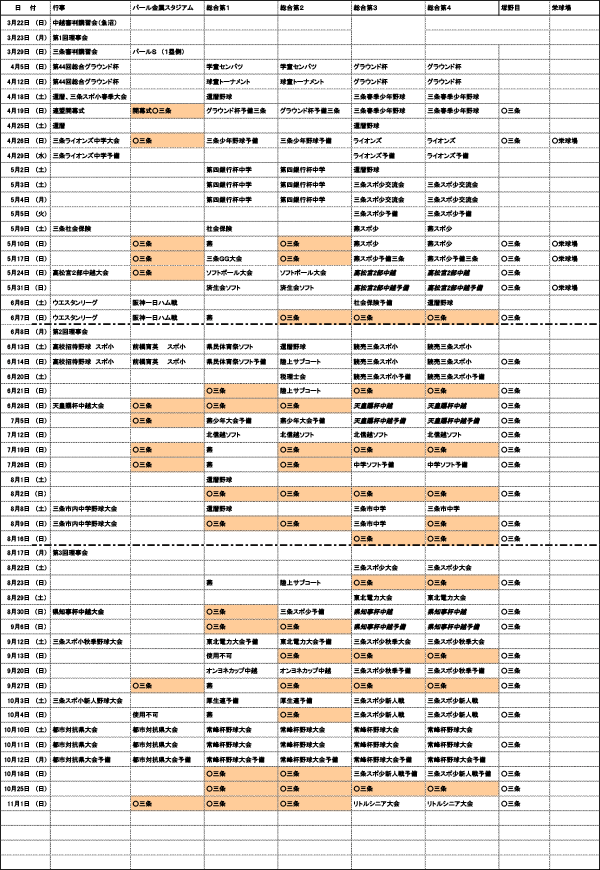三条野球連盟平成27年度年間スケジュール