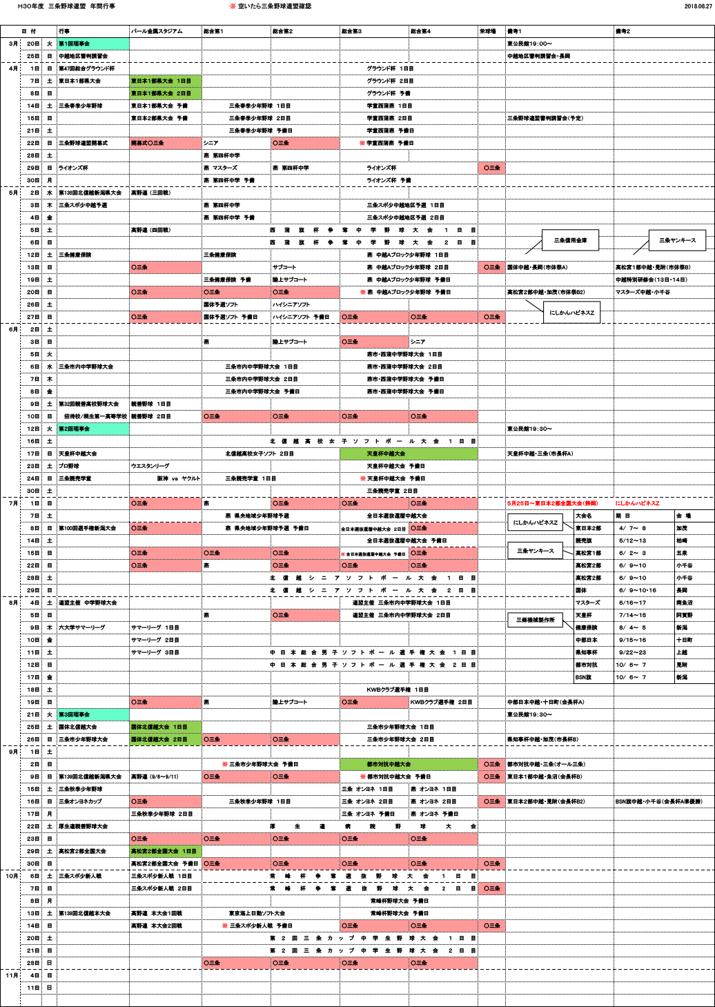三条野球連盟平成30年度年間スケジュール