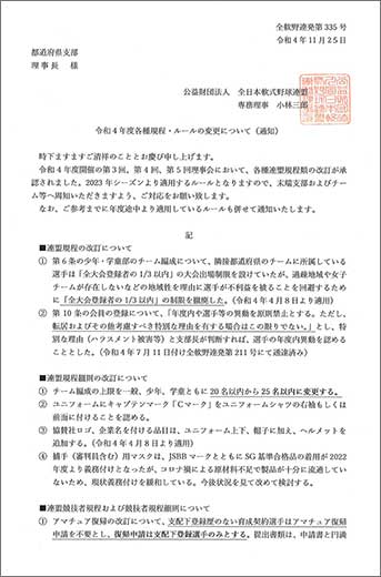 各種規則・ルールの変更について（全軟連発行文書）